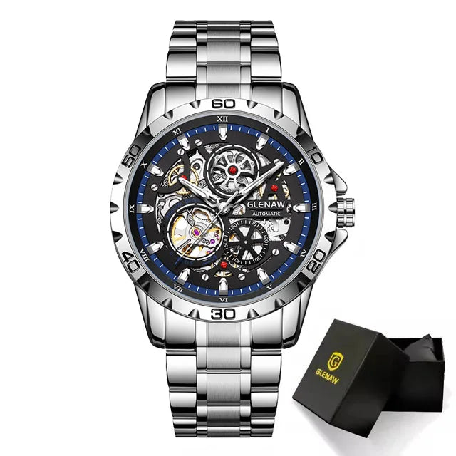GLENAW Steampunk Skeleton Men's Watch Ring Luxury Automatic Mechanical Watches Luminous Waterproof Stainless Steel Strap Watch