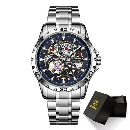 GLENAW Steampunk Skeleton Men's Watch Ring Luxury Automatic Mechanical Watches Luminous Waterproof Stainless Steel Strap Watch