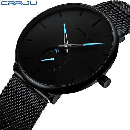 Montre pour homme CRRJU – Montre à quartz de luxe, style décontracté, fine, avec bracelet en maille d'acier, étanche et sportive.