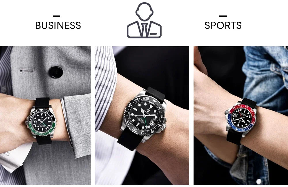 Relógio PAGANI DESIGN 40MM GMT para Homem, Luxo, Safira AR, Mecânico, Luneta em Cerâmica, Automático, 100M à Prova de Água, Relógio para Oferta