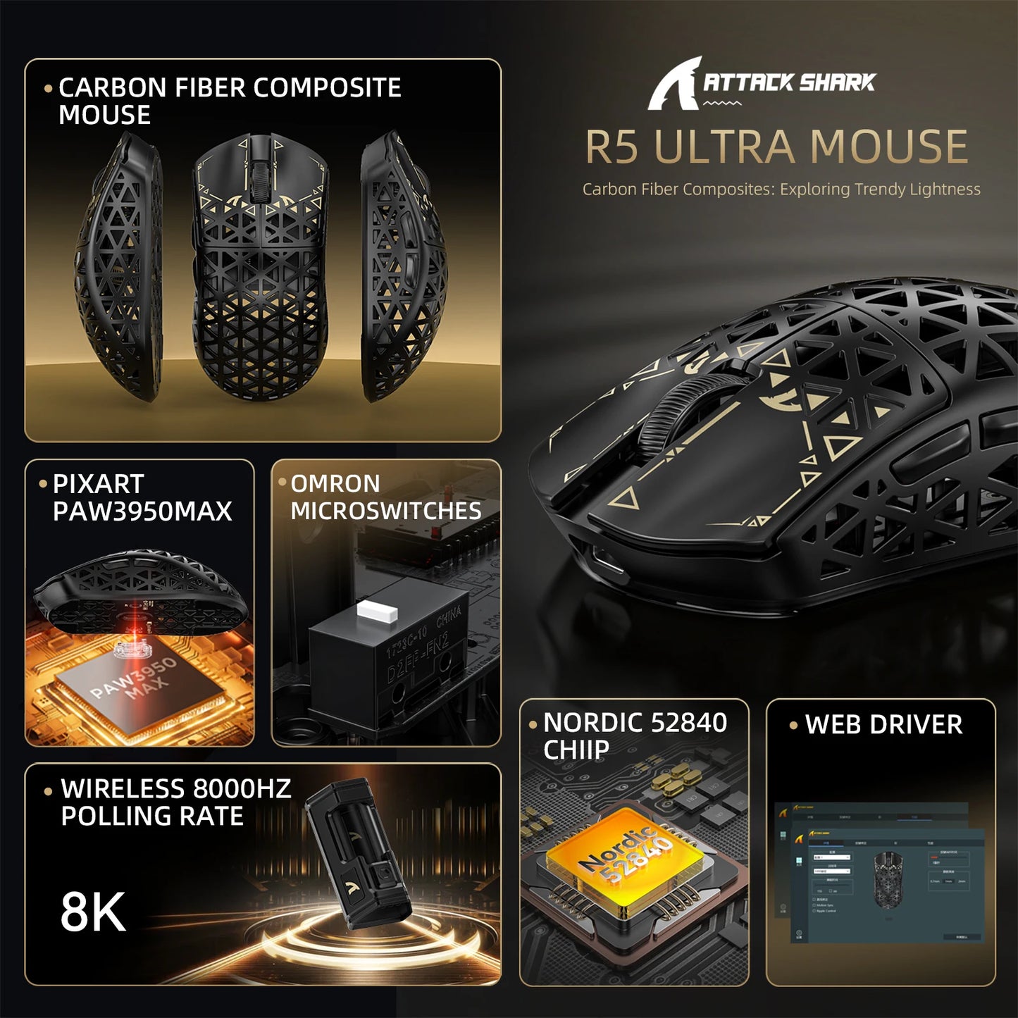 ATTACK SHARK R5 Ultra trådløs gamingmus i kulfiber, PixArt PAW3950MAX-gamingsensor, 42000DPI, 8000Hz, MCU Nordic 52840