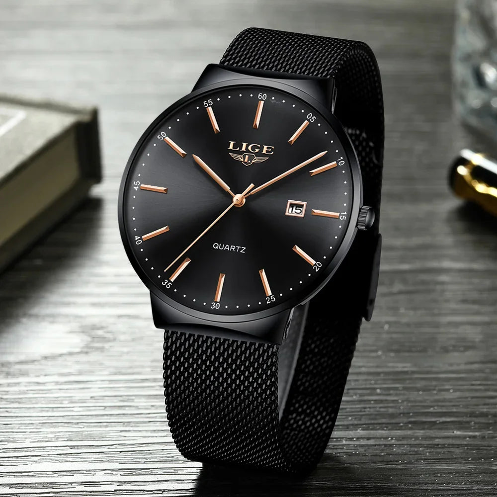 Montre pour homme LIGE, modèle élégant et luxueux, ultra-fin, étanche, avec bracelet en maille, mouvement à quartz, affichage de la date et calendrier – idéale pour un style professionnel.