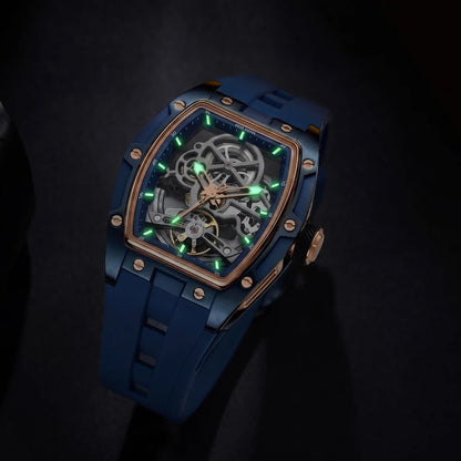 Montre mécanique pour homme MEGIR, forme tonneau, cadran squelette ajouré, style sportif, bracelet en silicone, montre automatique de luxe