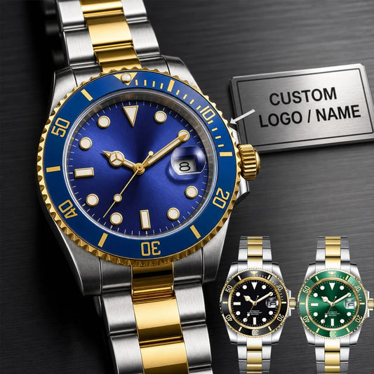 Custom logo NH35 MIYOTA 8215 Automatic Men Watch Luxury Diver Two Tone Gold 316L Stainless Steel Sapphire 10ATM Sterile  Sunburs