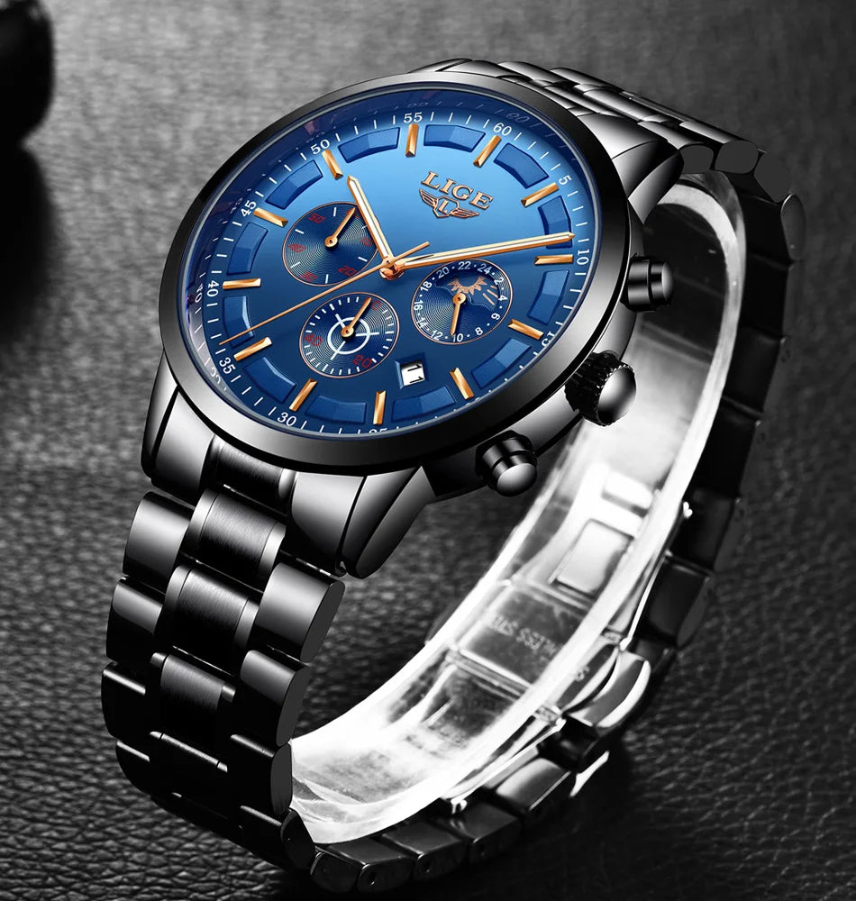 Montre pour homme LIGE – Chronographe à quartz de luxe, étanche (3 bars), avec aiguilles luminescentes – Idée cadeau (boîte incluse)