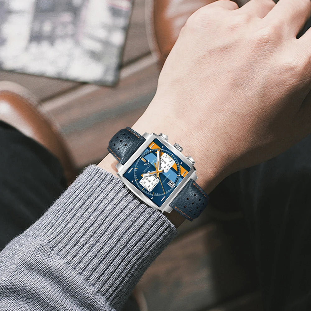 Specht & Sohne New Classic herreur med kvartsværk, blå, rustfrit stål, japansk VK63-værk, ægte læder, Montre Homme 39 mm
