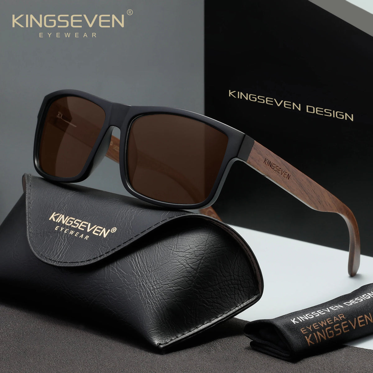 KINGSEVEN Lunettes de soleil tendance en bois pour homme et femme, lunettes rondes tendance, verres polarisés UV400, monture large pour homme, lunettes rétro
