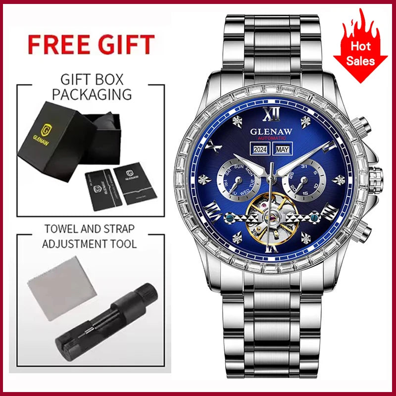 Montre mécanique multifonction GLENAW – Modèle pour homme, style business et décontracté, bracelet en acier inoxydable, étanche, avec calendrier – Montre de luxe