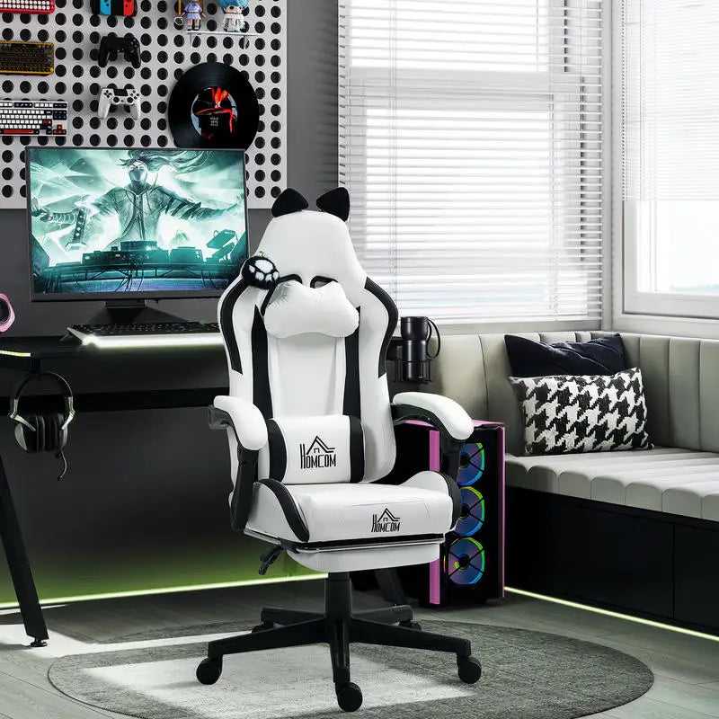Cute Cat Gaming Chair with Removable Cat Ears, Retractable Footrest, Adjustable Height, Lumbar Support, 360° Swivel Reclining Gamer Chair