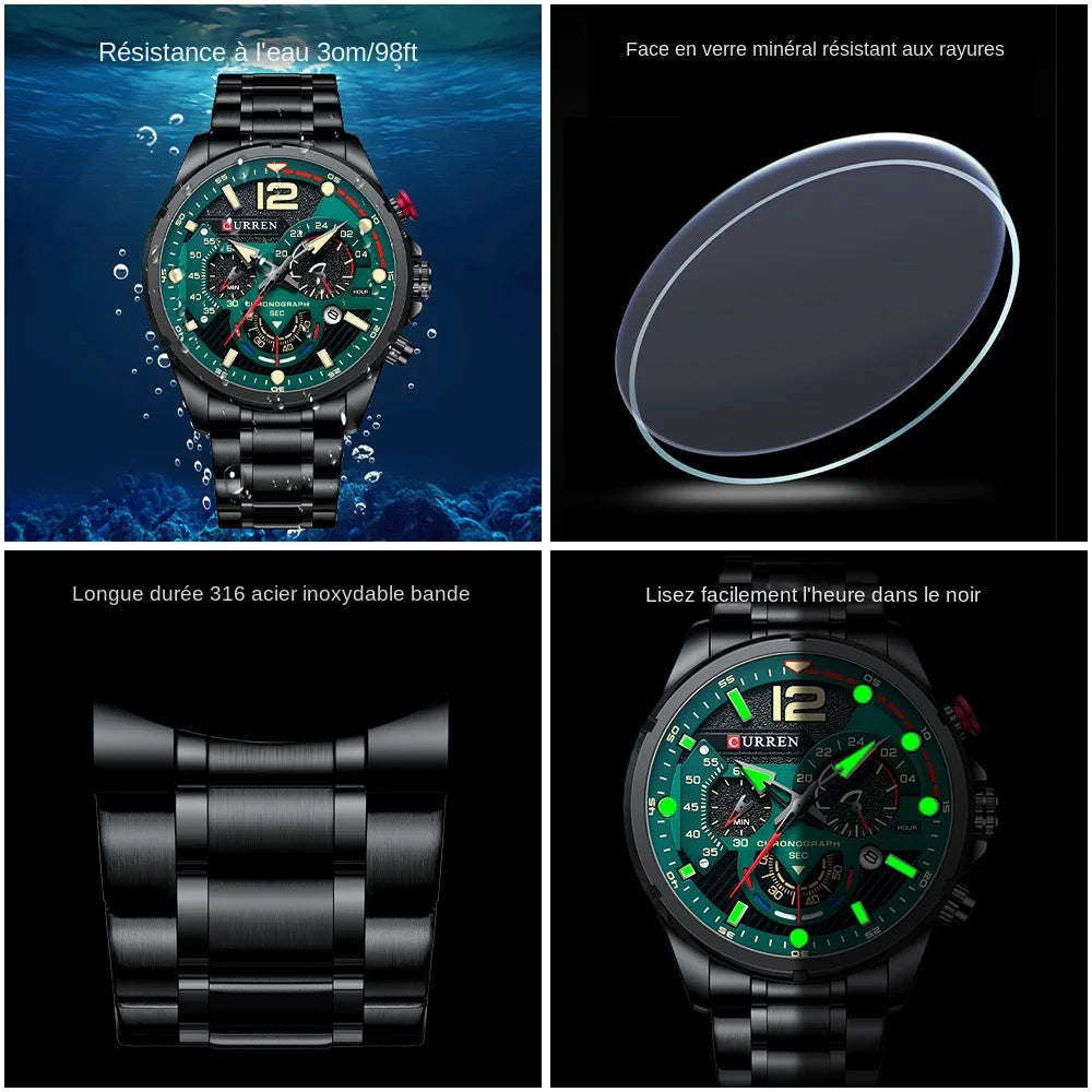 Orologio da uomo CURREN sportivo al quarzo con cronografo, in acciaio inox di lusso con quadrante luminoso