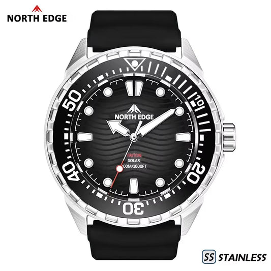 NORTH EDGE TRITON-TI Titanové nerezové potápěčské hodinky na solární pohon Luxusní quartzové hodinky pro muže Vodotěsné do 300 m Výdrž baterie 180+ dní