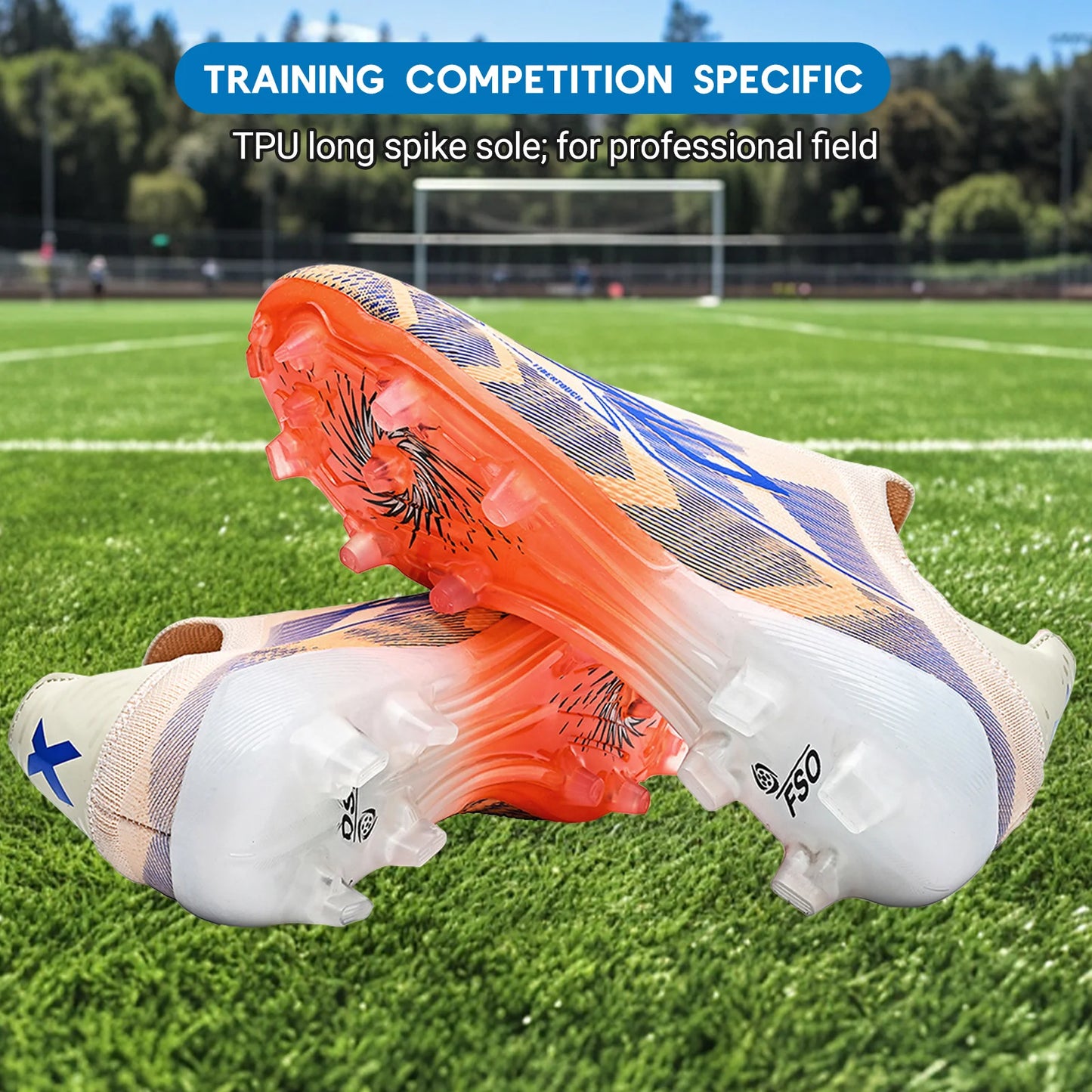 Classic AG/FG football shoes，TPU Wear-resisting Long Studs，PU Mixed Fabric Upper，Non-slip Comfortable for Kids Outdoor Football