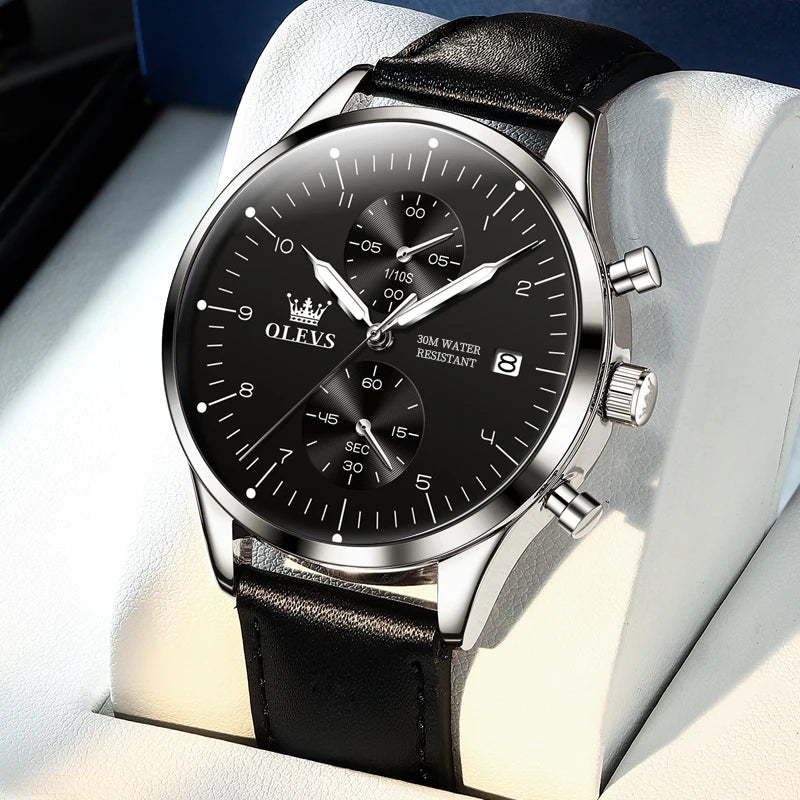 Montre pour homme OLEVS 2880 – Chronographe élégant et épuré, bracelet en cuir, affichage automatique de la date, étanche, aiguilles luminescentes, mouvement à quartz.