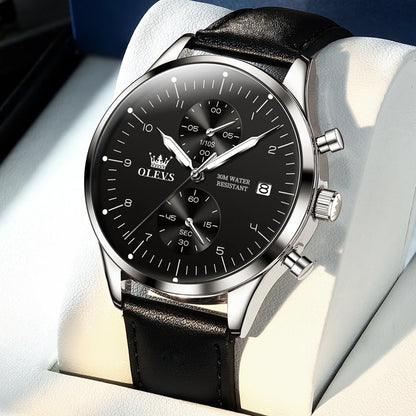 Montre pour homme OLEVS 2880 – Chronographe élégant et épuré, bracelet en cuir, affichage automatique de la date, étanche, aiguilles luminescentes, mouvement à quartz.