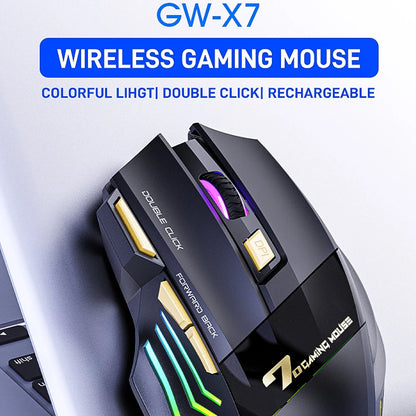 Wireless Rechargeable Optical Mouse RGB Breathing Light 7 Buttons Gaming Computer Mice Adjustable for Desktop PC