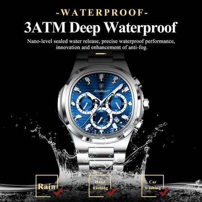 POEDAGAR Business Man Wristwatch Date Chronograph Waterproof Luminous Luxury Men Watch Stainless Steel Quartz Men's Watches Male