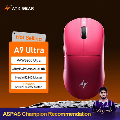 Mouse de gaming wireless ATK Dragonfly A9 Ultimate A9 Air PAW3950, ultra-ușor, ergonomic, pentru e-sports gamer FPS CSGO A9 Ultra