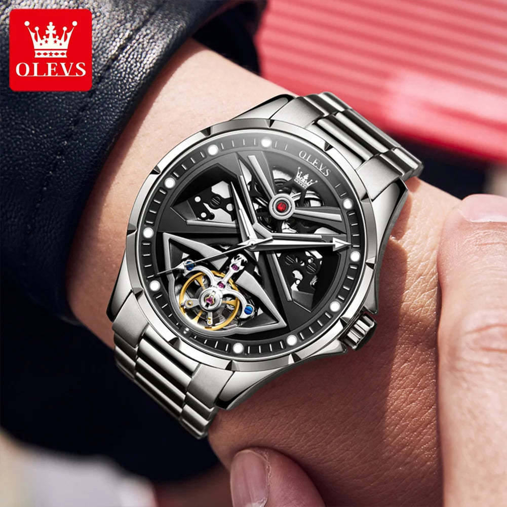 OLEVS 6655 Herrenuhr, vollautomatisches Skelettmodell; mechanische Luxusuhr, leuchtend und wasserdicht.