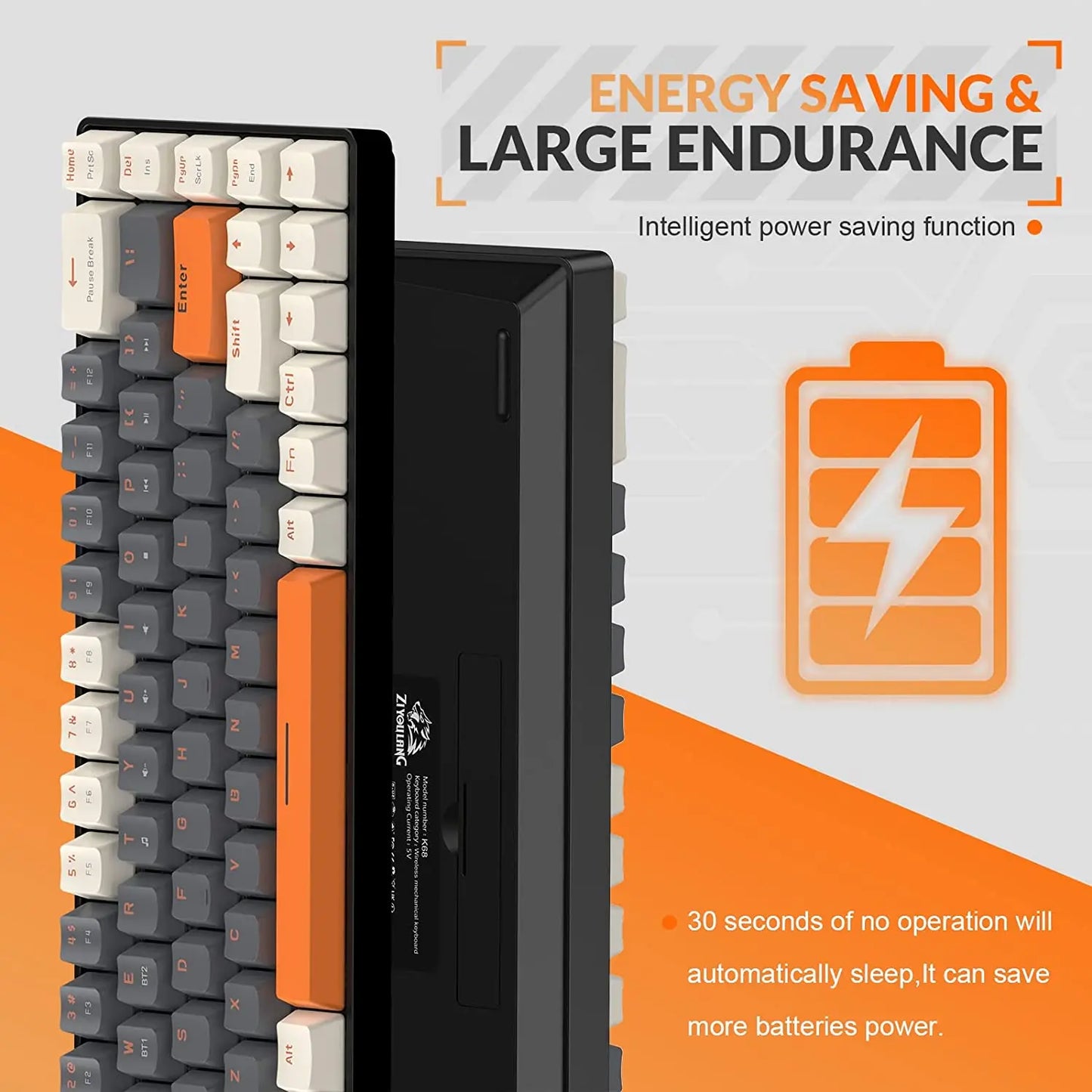 Teclado Mecânico Sem Fios RK68 60%, Bluetooth 5.0/2.4GHz com Recetor 2 em 1 de Modo Duplo, Teclado Gaming de 68 Teclas Hot-Swappable