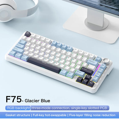 F75 Mechanical Keyboard FREEWOLF 81 Keys Layout Metal Knobs PBT Keycaps,Fully Hot-swappable Keys RGB Multi-color Backlighting