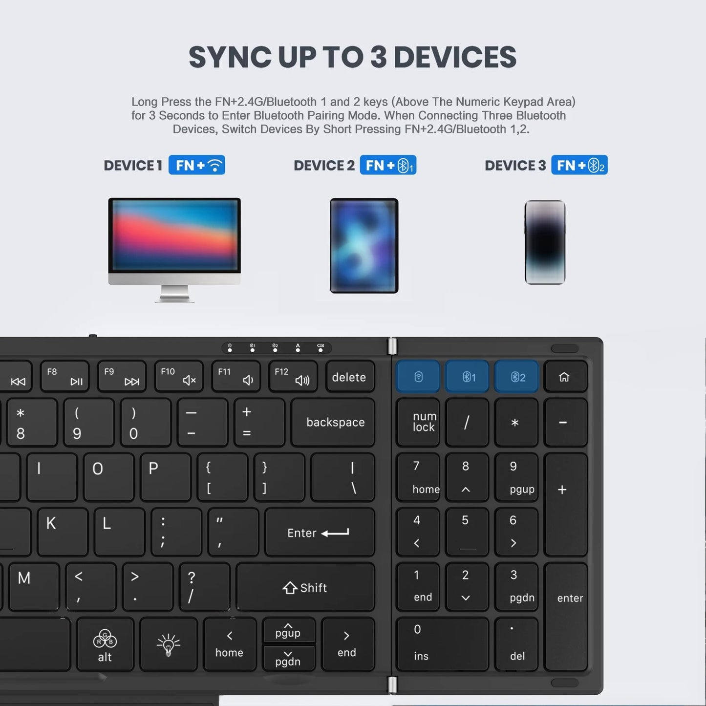 Teclado táctil inalámbrico Bluetooth de modo dual con retroiluminación RGB, 98 teclas, teclado de oficina plegable para PC/portátil/Mac - Negro