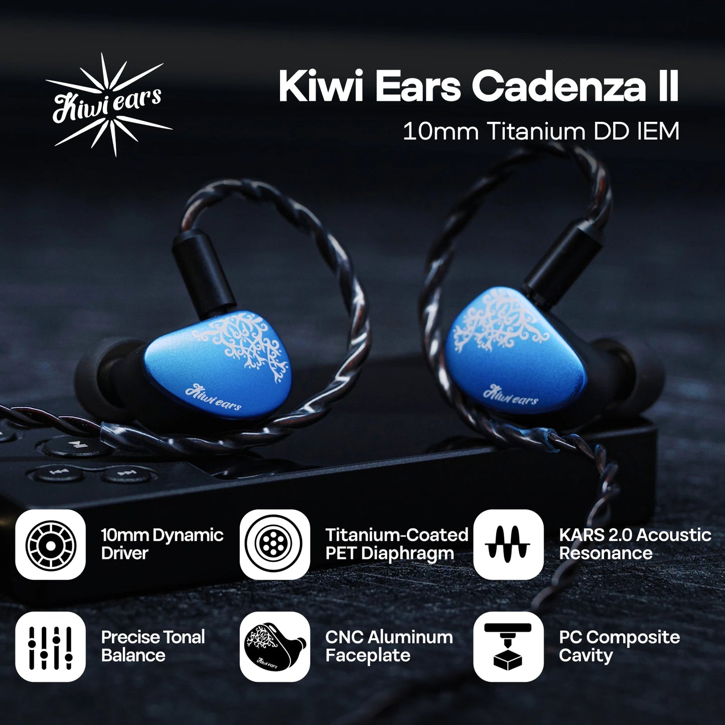 Linsoul Kiwi Ears Cadenza II IEM HiFi-Kopfhörer mit 10mm-Titan-Dynamiktreiber, KARS 2.0 und abnehmbarem Kabel