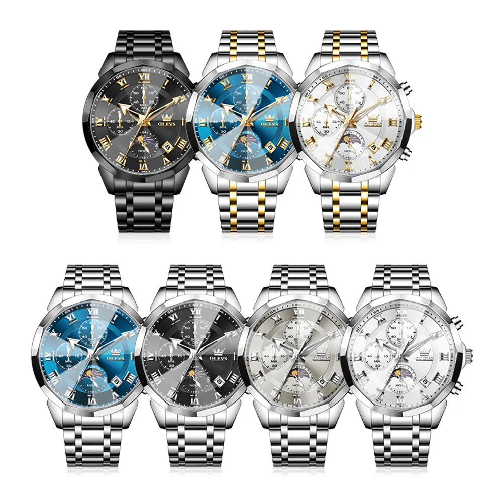 OLEVS 3675 Mens Watch Original Multifunctional Chronograph Quartz Watch Moon Phase Watches For Men Waterproof Mens Gifts Reloj