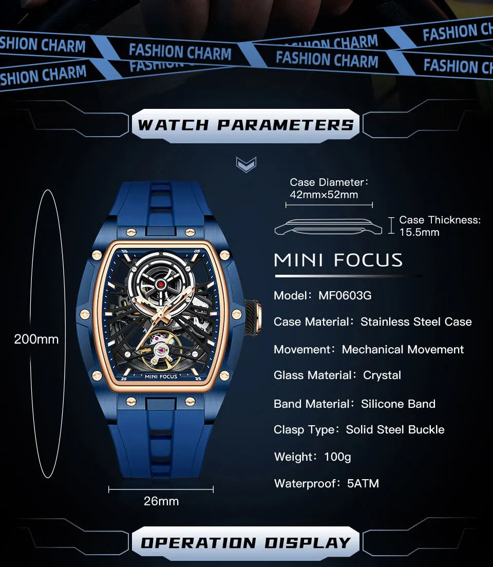 MINI FOCUS pánske náramkové hodinky, módne čierne vodotesné automatické mechanické hodinky so svietiacimi ručičkami, silikónovým remienkom a tonneau ciferníkom
