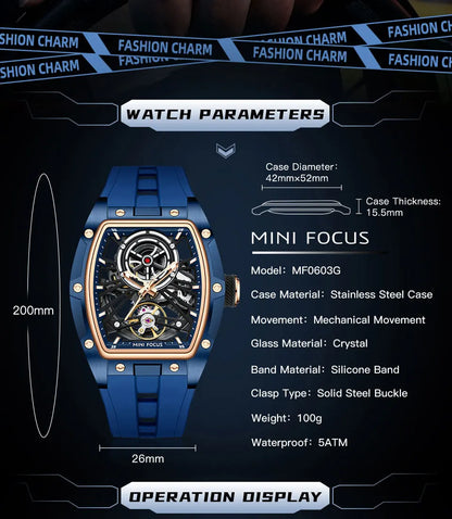 MINI FOCUS pánske náramkové hodinky, módne čierne vodotesné automatické mechanické hodinky so svietiacimi ručičkami, silikónovým remienkom a tonneau ciferníkom