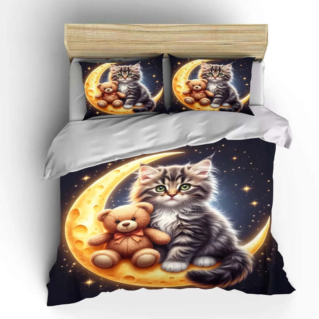 Conjunto de capa de edredão com padrão de gato fofo e ursinho na lua, estampado digital colorido, roupa de cama em poliéster com fecho de correr, para presentes de criança