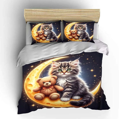 Conjunto de capa de edredão com padrão de gato fofo e ursinho na lua, estampado digital colorido, roupa de cama em poliéster com fecho de correr, para presentes de criança