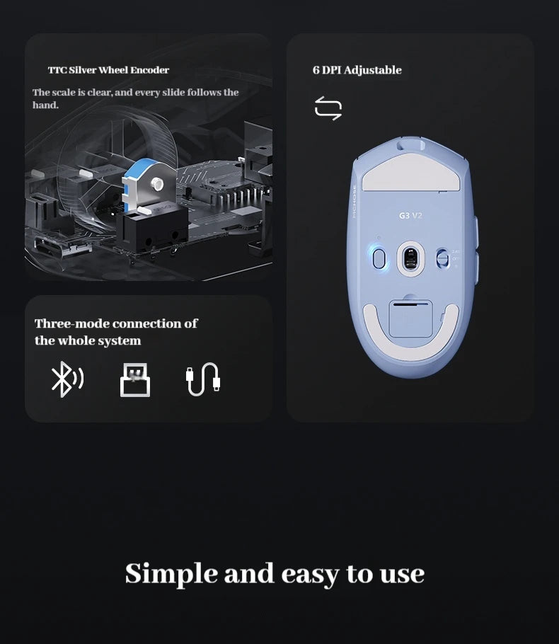 MCHOSE G3 V2 Pro trådløs gamingmus, tri-mode Bluetooth, 800mAh, genopladelig, let, tilpasset ergonomi, esportsmus