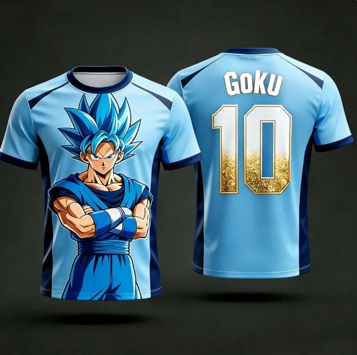 Sommer 2026 Dragon Ball Monkey King "Super Blue Shape No. 10" Fodbold-tema 3D-printet åndbar T-shirt til voksne og børn