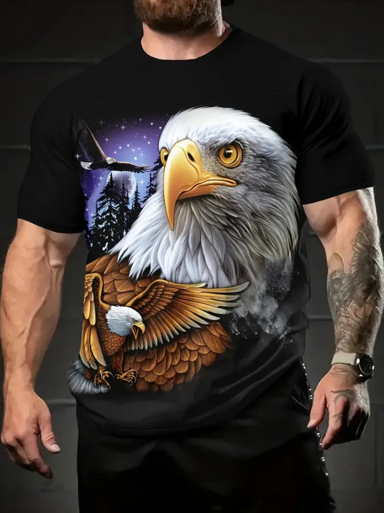 Patriottisch 3D-T-shirt voor heren met adelaarprint, casual ronde hals, korte mouwen, pullover voor zomerse mode en outdooractiviteiten, herenkleding