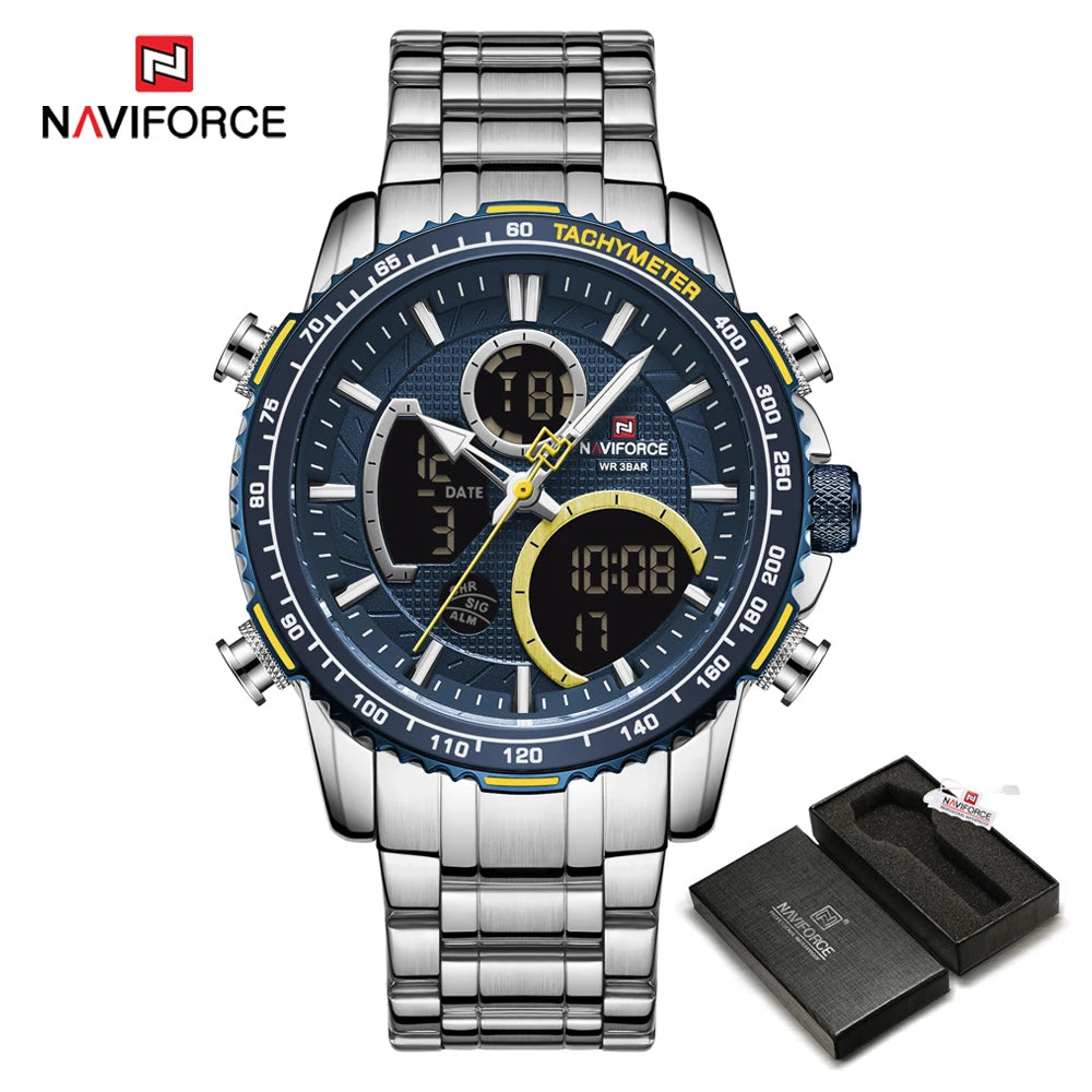 Pánské sportovní hodinky NAVIFORCE – originální luxusní náramkové hodinky z nerezové oceli, vodotěsný vojenský model s dvojitým displejem