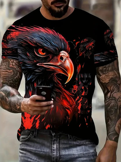 Nowa męska koszulka T-shirt z efektownym wzorem orła, nadruk 3D z płomiennym orłem, letni streetwear, modny krótki rękaw, męskie T-shirty i topy