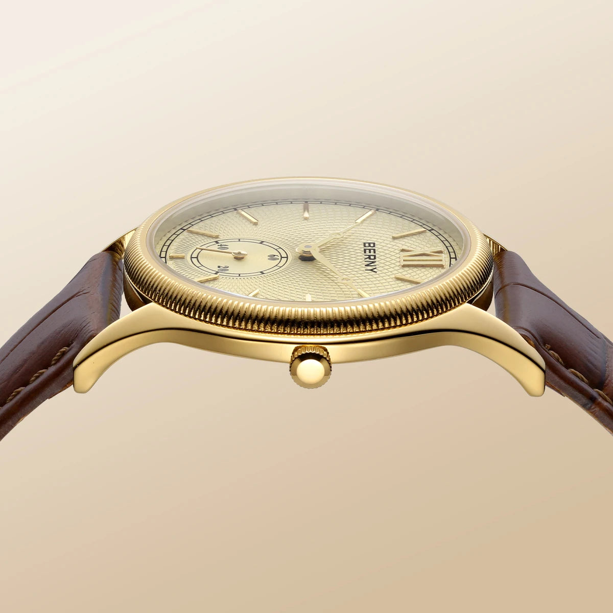 BERNY Luxury Watches for Men Classic Elegance Slim Dress Gold Quartz Men's Watch Leather Strap Fashion Business Wristwatch
