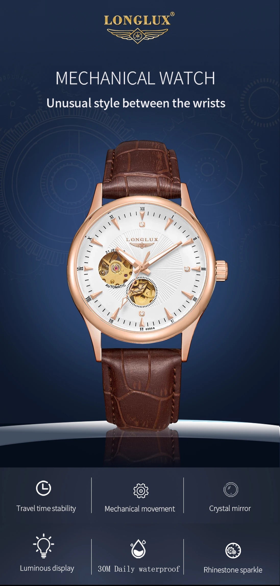 LONGLUX automatic watch elegant style wholesale mechanical wristwatches skeleton rome waterproof  mens watch men gift