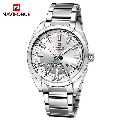 Montre pour homme NAVIFORCE, entièrement en acier, étanche, style décontracté, mouvement à quartz avec affichage de la date – Montre-bracelet de luxe pour homme, d'une marque de premier plan.