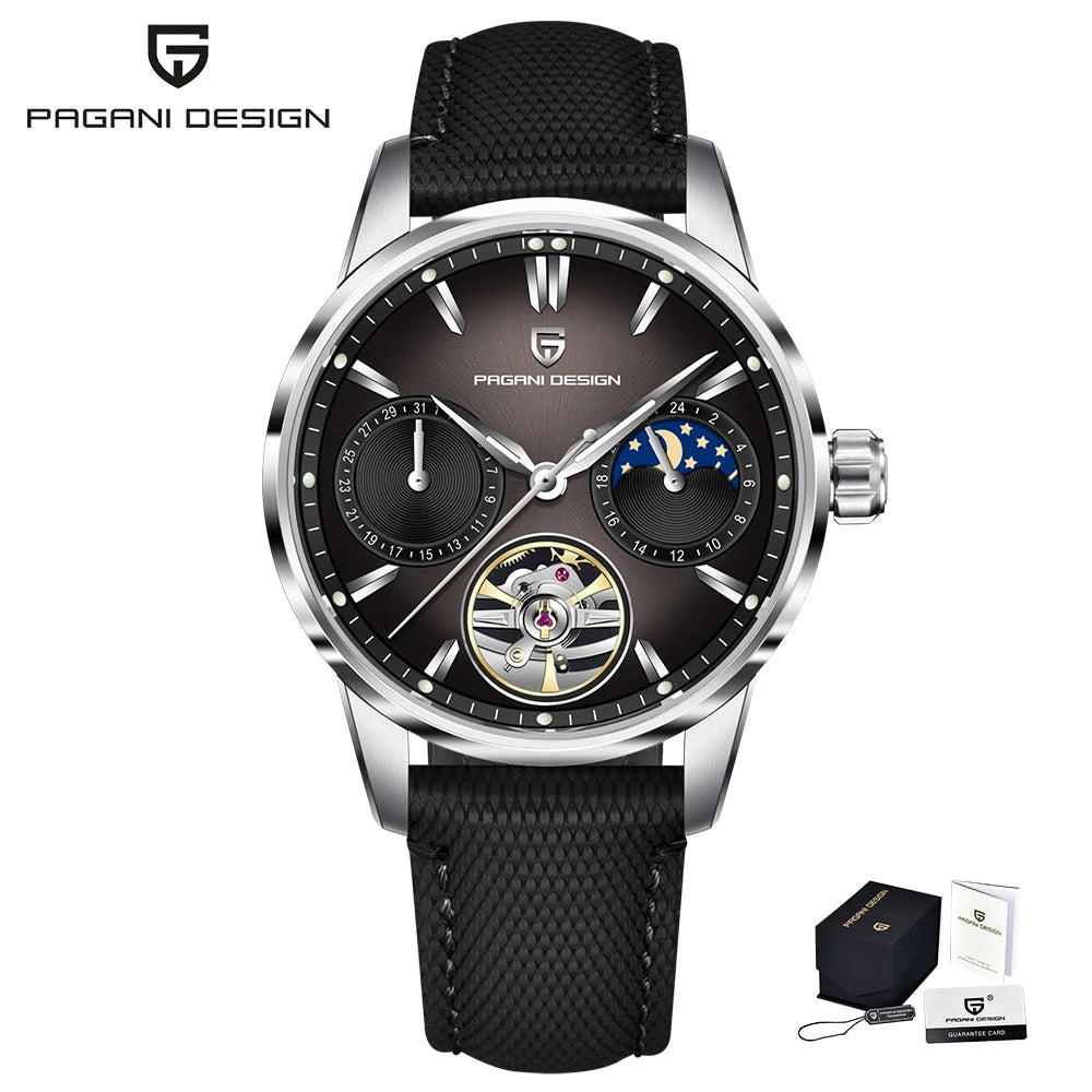 PAGANI DESIGN Newest 41MM Luxury Men's Mechanical Watch Sapphire Glass Leather Waterproof Pilot Tourbillon Moon Reroj Hombre