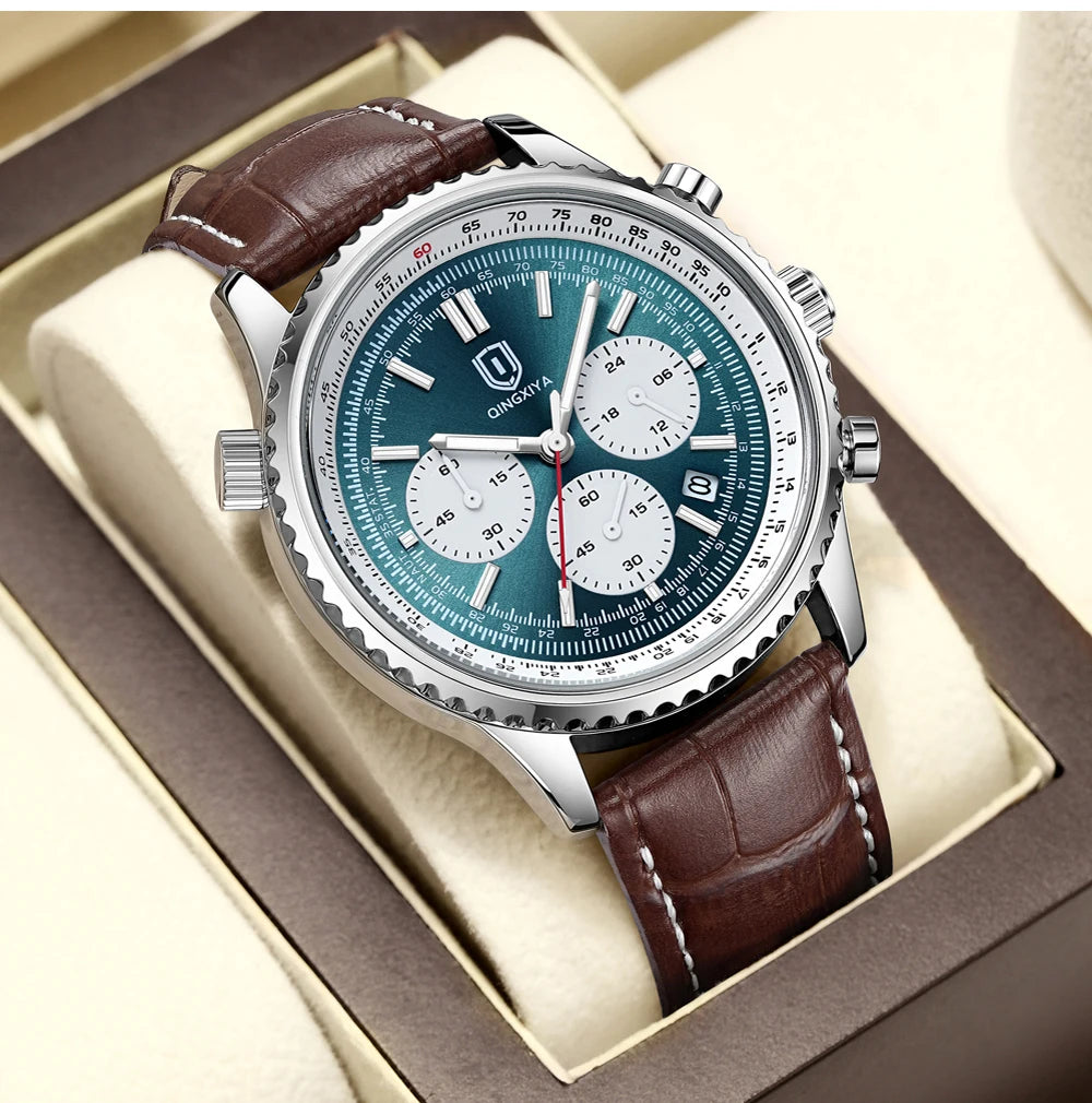 QINGXIYA Montre de luxe pour homme, à quartz, étanche, luminescente, avec date et chronographe, bracelet en cuir, montre-bracelet militaire et sportive pour homme, Reloj