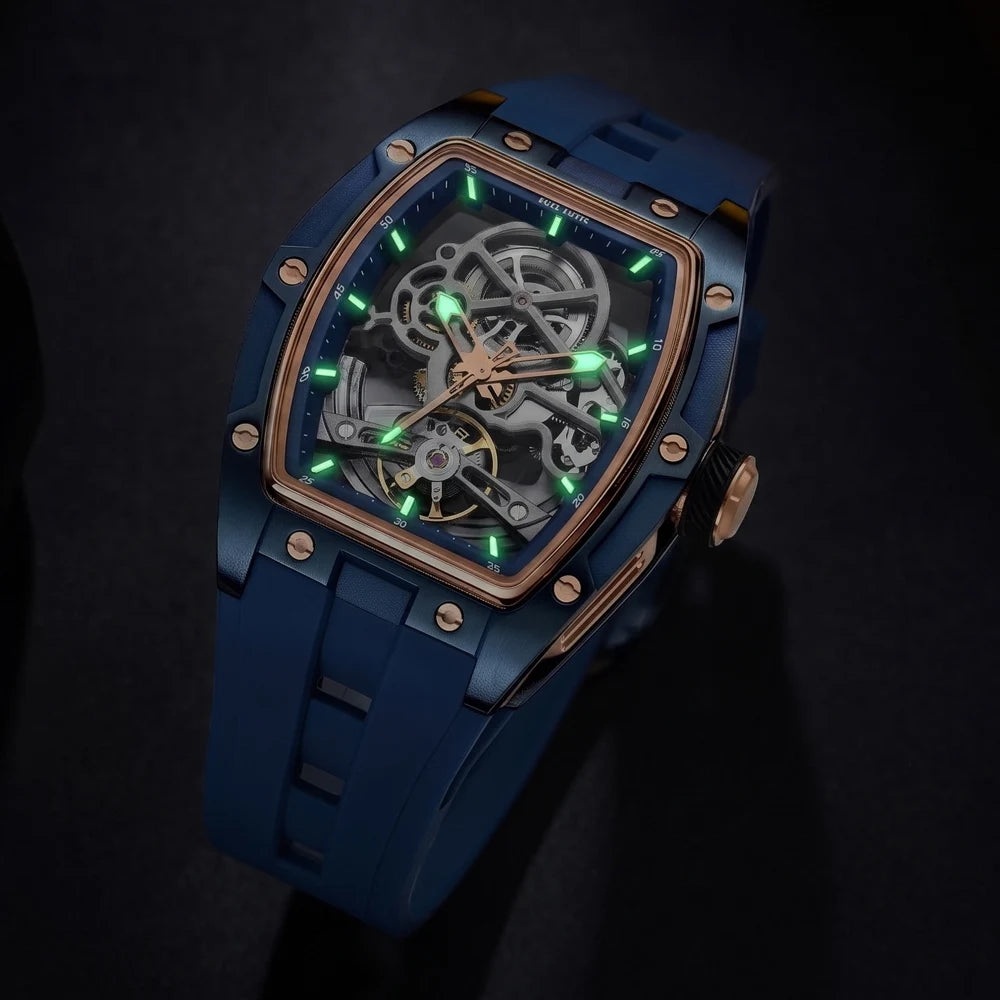 Montre mécanique pour homme MEGIR, forme tonneau, cadran squelette ajouré, style sportif, bracelet en silicone, montre automatique de luxe