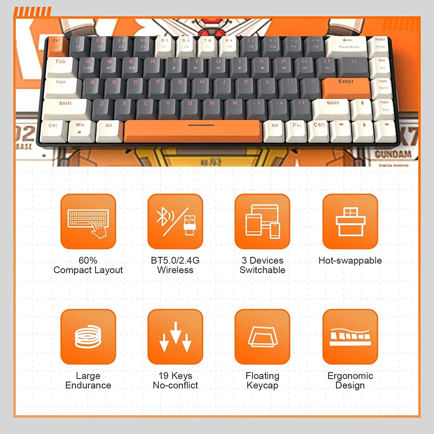 Teclado Mecânico Sem Fios RK68 60%, Bluetooth 5.0/2.4GHz com Recetor 2 em 1 de Modo Duplo, Teclado Gaming de 68 Teclas Hot-Swappable