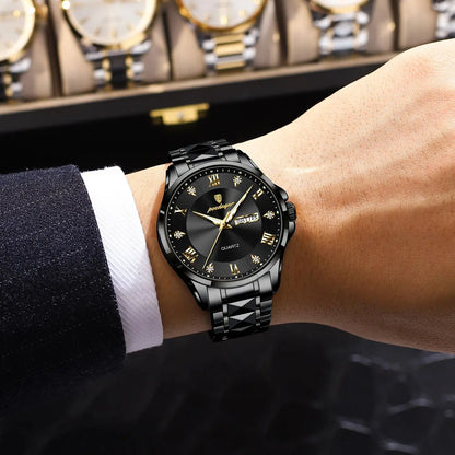 POEDAGAR herenhorloge, origineel luxemodel, waterdicht, verlicht, met datum- en dagweergave, elegante stijl, roestvrijstalen kast, quartz uurwerk, ideaal voor op het werk.