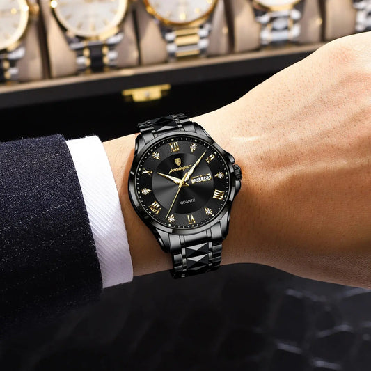 Montre pour homme POEDAGAR, modèle de luxe original, étanche, lumineuse, avec affichage de la date et du jour, style élégant, boîtier en acier inoxydable, mouvement à quartz, idéale pour le travail.