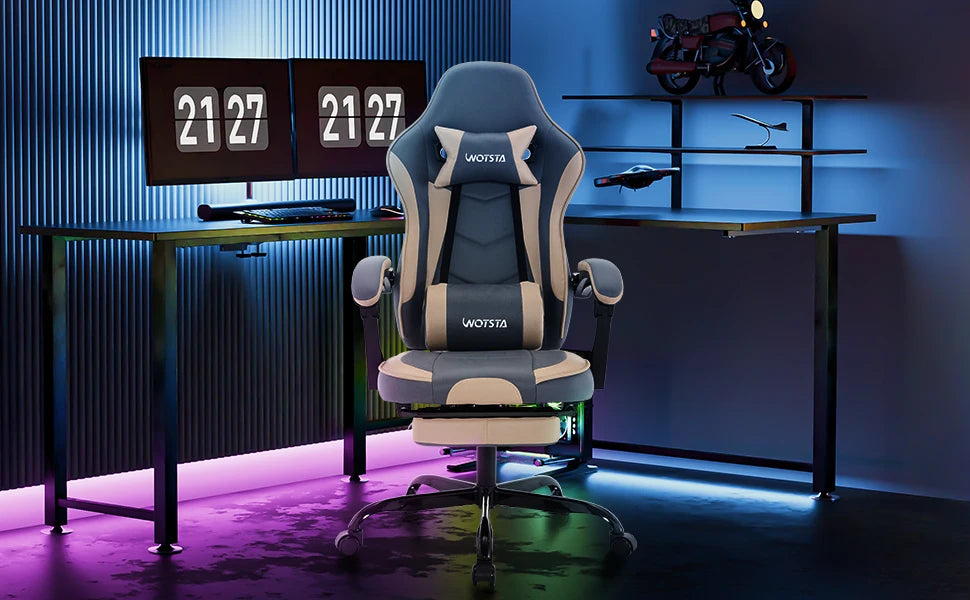WOTSTA Gaming-Stuhl mit Fußstütze, ergonomischer Gamer-Stuhl mit Lendenkissen, Kopfstütze und höhenverstellbarem Computerstuhl