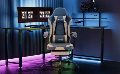 WOTSTA Gaming-Stuhl mit Fußstütze, ergonomischer Gamer-Stuhl mit Lendenkissen, Kopfstütze und höhenverstellbarem Computerstuhl