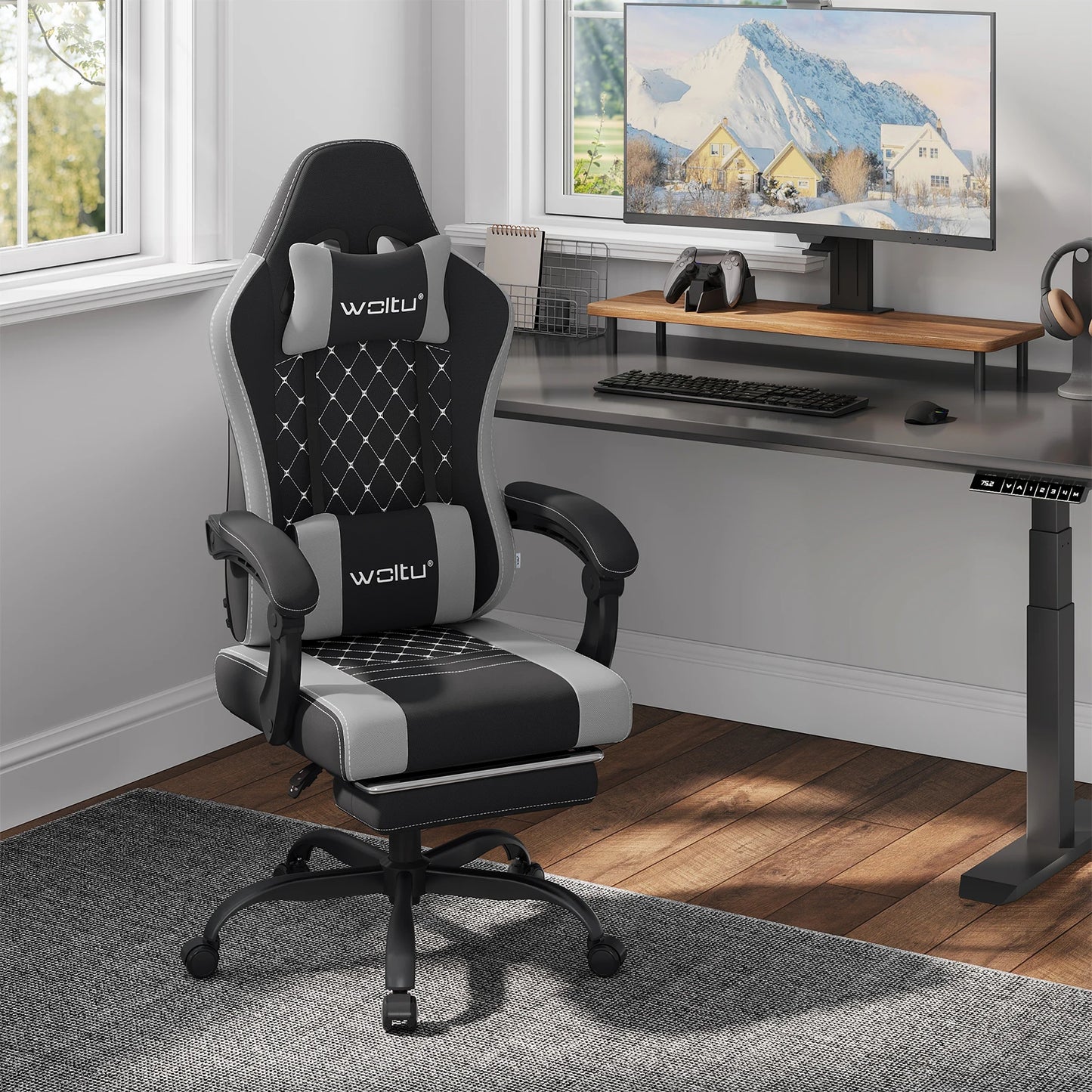 Fotel komputerowy obrotowy WOLTU z funkcją masażu, ergonomiczny fotel biurowy z poduszką i podnóżkiem, gamingowy fotel z regulacją wysokości