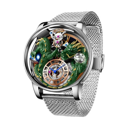 PINDU Design New 3D Dragon Earth Theme Quartz Watches Men Celestial Series Curved Mirror Transparent Design Watch Wristwatches