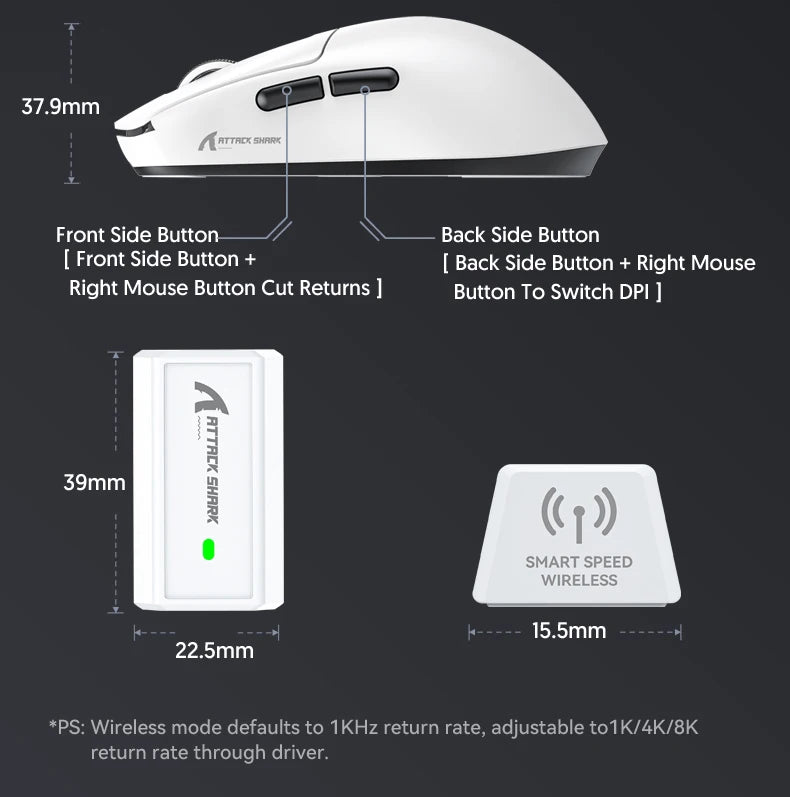 Attack Shark R6 žaidimų pelė, 38g itin lengva, belaidė su PAW3950 8K apklausos dažniu, Nordic 52840, 24000DPI, trijų režimų